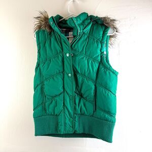 Vintage Y2K Aeropostale Fur Lined Hood Vest Kelly Green Puffer Womens Size L